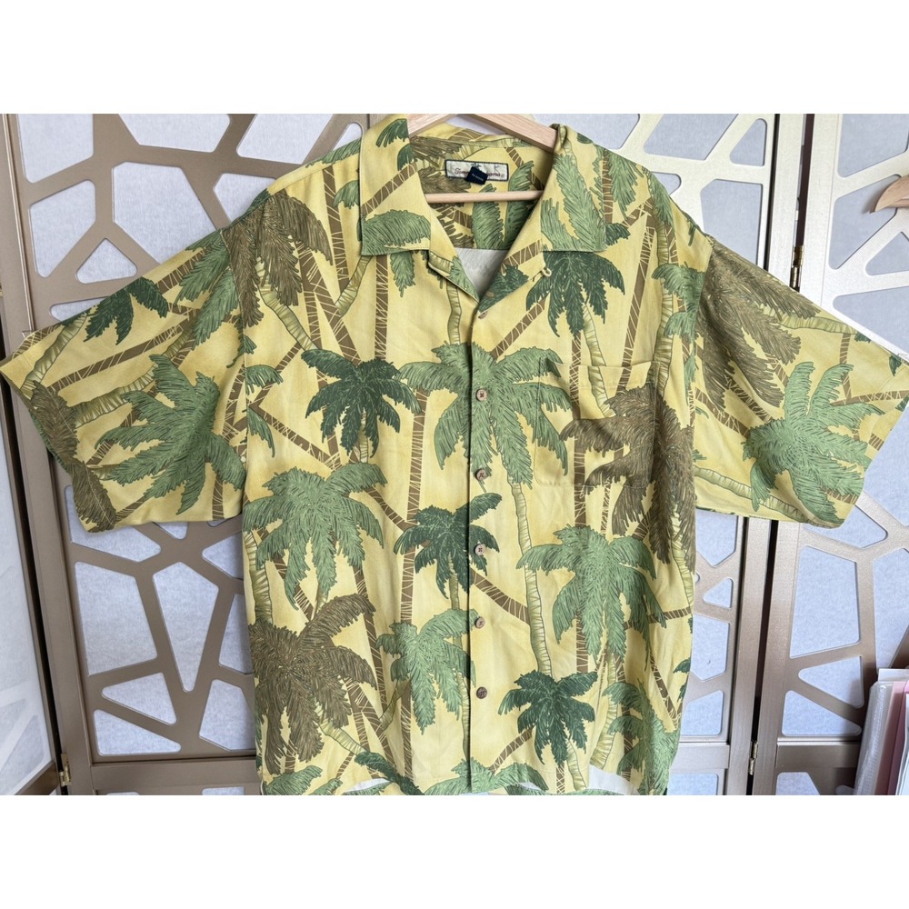 Tommy Bahama 100% Silk Men's Button Up Hawaiian Palm Tree Gold Shirt Sz XL EUC